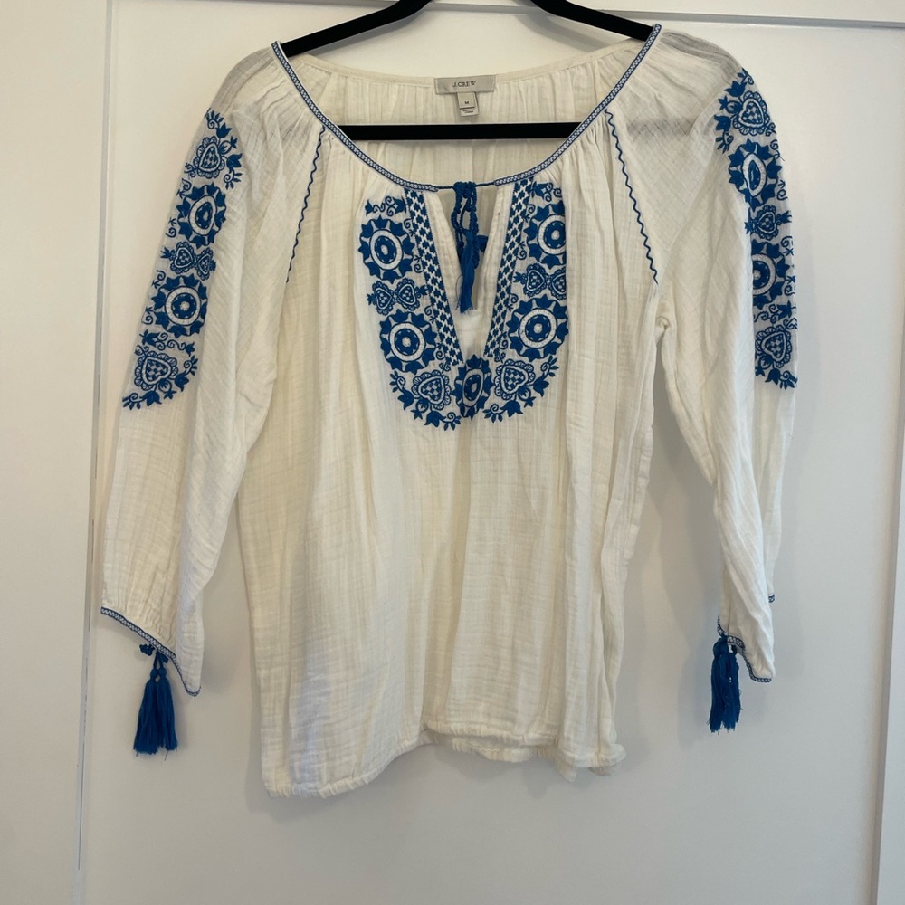 J. Crew White Blouse with Blue Embroidery